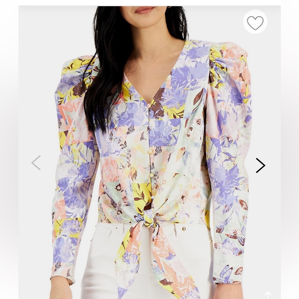 I.N.C International Concepts Linen Puff-Sleeve Tie-Hem Print Top Floral